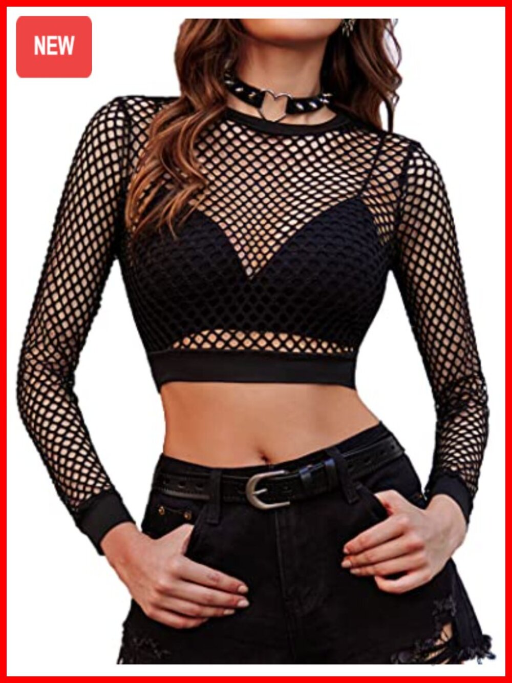 Fishnet Crop Top Long Sleeve Sheer Pullover Round Neck